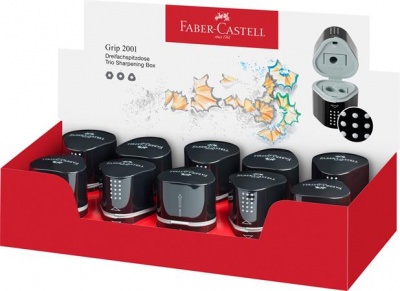 Hegyező display, háromlyukú, tartályos, FABER-CASTELL "Grip 2001 Trio", fekete